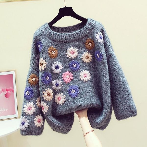 Frauen Pullover Pullover 2021 Frühling Winter Retro Handgemachte Dreidimensionale Blume Faul Wind Lose-Fit Damen Jumper