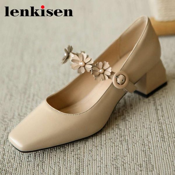 

dress shoes lenkisen french romantic genuine leather square toe med heel mary janes flower pearl sweet beauty lady dating women pumps l05, Black