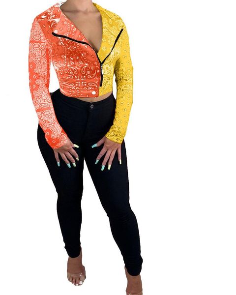 

bandana print color patchwork short jackets for women zipper turn down collar long sleeved coat fashion outwear 3xl, Black;brown