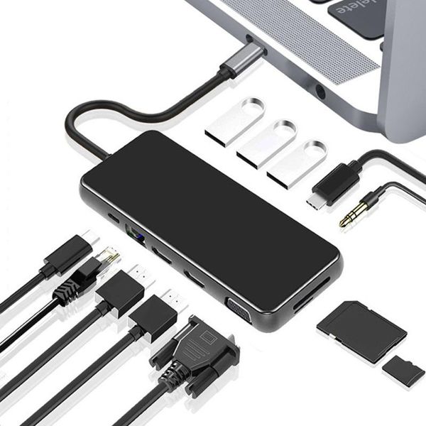 

hubs 12 in 1 usb 3.1 type c hub with dual -compatible vga 3.0 rj45 for devices port