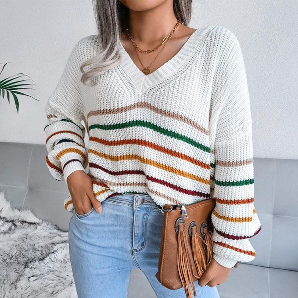 

women's sweaters rainbow stripes v-neck sweater for women casual loose long sleeve pullovers female autumn 2021 oversized sweet knit, White;black