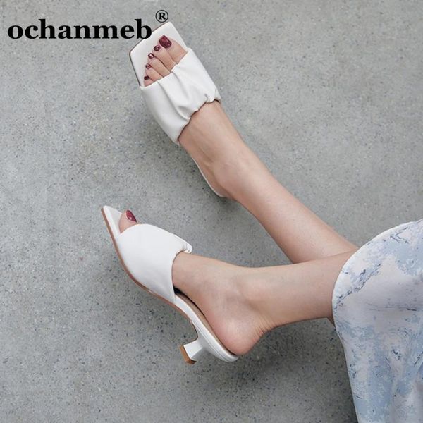 

ochanmeb good quality microfiber leather square open toe slippers women pleated summer slides lady beige pink shoes, Black