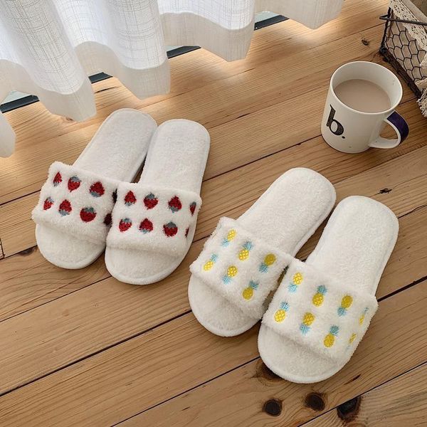

women cartoon fruit strawberry pineapple cute furry plush comfortable slippers winter keep warm indoor home soft stuffed shoes, Black