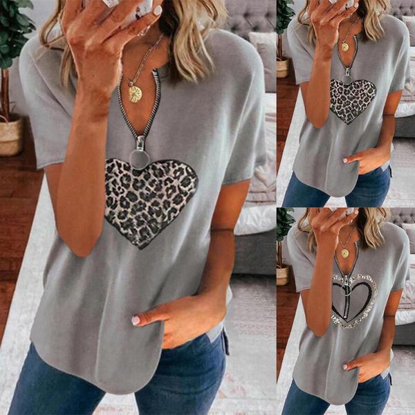 

women's t-shirt short sleeve ladies summer leopard heart printed zipper women v neck tshirt loose fashion casual female d30, White