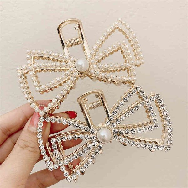 

hair jewelry accessories pearl alloy shark clip 2021 large grab korea dongdamen rhinestone pin lovely girl, Golden;white