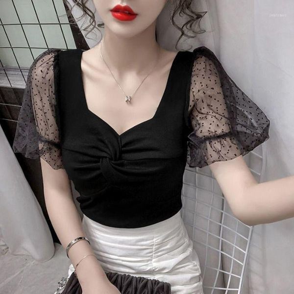 

women's t-shirt easycore women square-neck mesh bubble sleeve front-crossed slim clothes cotton, White
