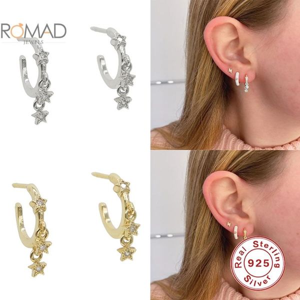 

hoop & huggie romad 2021 trendy star pendant earrings for women 925 sterling silver zircon c-shaped couple jewelry bijoux femme, Golden;silver