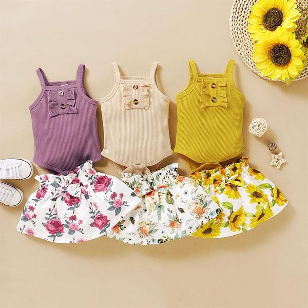 Conjuntos de roupas 2021 meninas primavera e outono Moda coreana Bonito sleesess sling top + flor rosa saia impresso conjunto de bebê menina