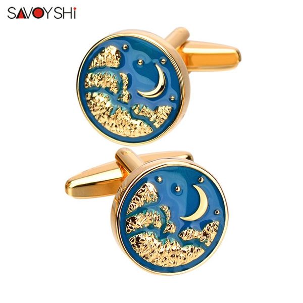 

savoyshi night starry sky for mens shirt buttons with blue enamel cuff links brand est design engraving, Silver