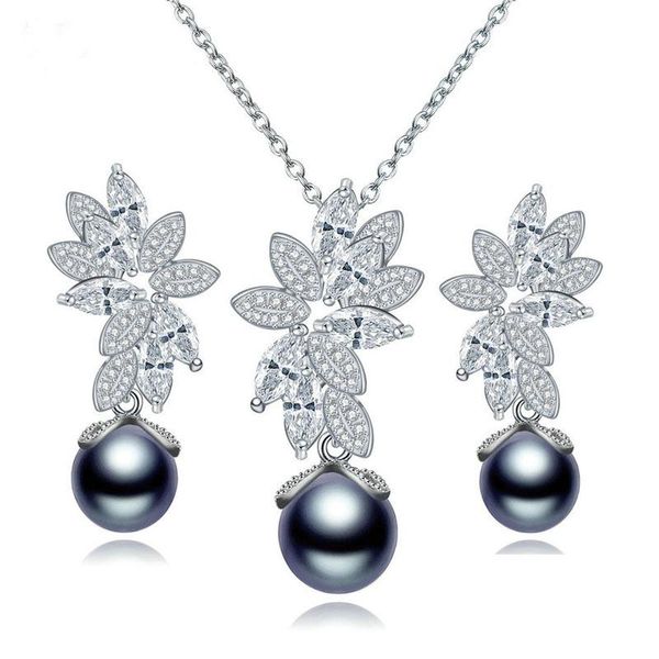 

earrings & necklace fashion multilayer leaf horse eye shape cubic zirconia black pearl set dangle for women jewelry wedding party, Silver