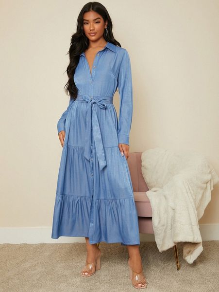 

ruffle hem single button placket belted shirt dress f1bk#, Black;gray