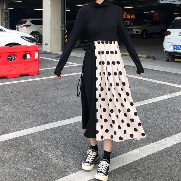 

casual dresses 2021 spring women dress wild pullover stand collar irregular slim stitching wave point high waist, Black;gray