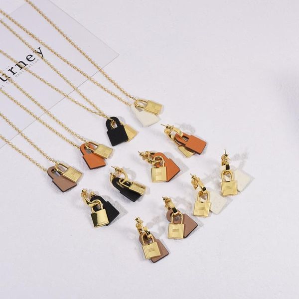 

chokers color small lock cow leather necklace double-layer detachable earrings women tide clavicle chain, Golden;silver