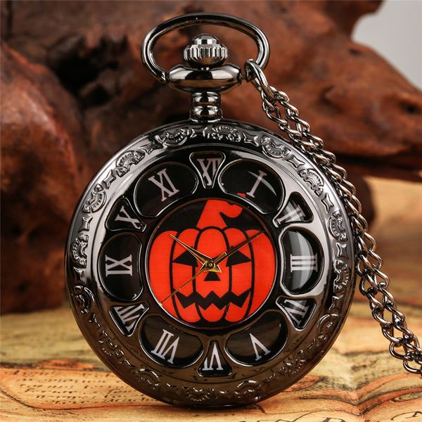 SteamPunk Black Pocket Watch Hollow Out Pumpkin Cover Римский номер Показать кварцевые аналоговые часы Подвеска Часы цепи