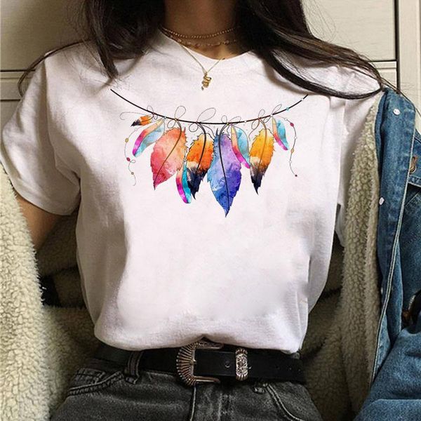 

women's t-shirt feather print t shirt fashion women harajuku graphic tee shirts female summer cute ladies white cartoon