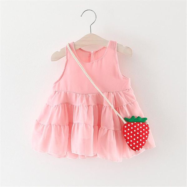 

girl's dresses summer cute baby girl dress sleeveless chiffon with strawberry bag christening princess beach, Red;yellow