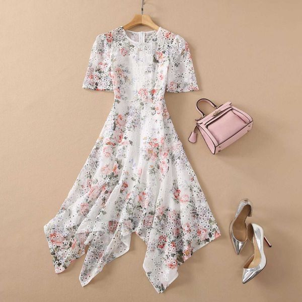 

summer style short sleeve embroidery print asymmetrical dress 210526, Black;gray