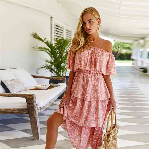 

summer off-shoulder cake boho dress for womens holiday beach style midi print dot lady vintage ruffles vestido 210508, Black;gray