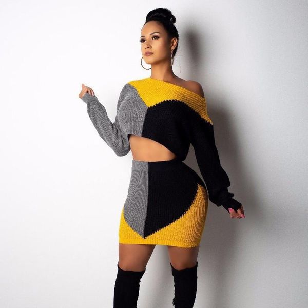 

women's hoodies & sweatshirts knitted casual contrast color two-piece suit long-sleeved and dress fashion 2021 autumn winter, Black