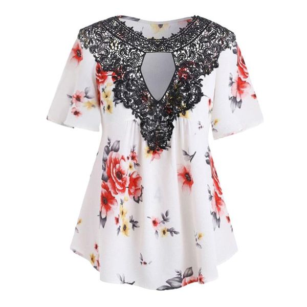 

women's blouses & shirts short sleeve chiffon blouse women summer fashion floral printing lace patchwork o neck shirt blusas mujer, White