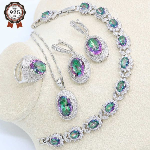 Multi -Regenbogen Silber Farb Schmuck Set für Frauen Hochzeitsarmband Ohrringe Halskette Anhänger Klingel Geburtstag Free Box H1022