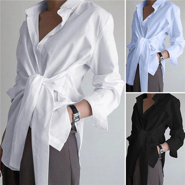 

women's blouses & shirts fashion women long sleeve shirt casual lace up elegant lapel neck ol asymmetric spring blusas femininas tunic, White