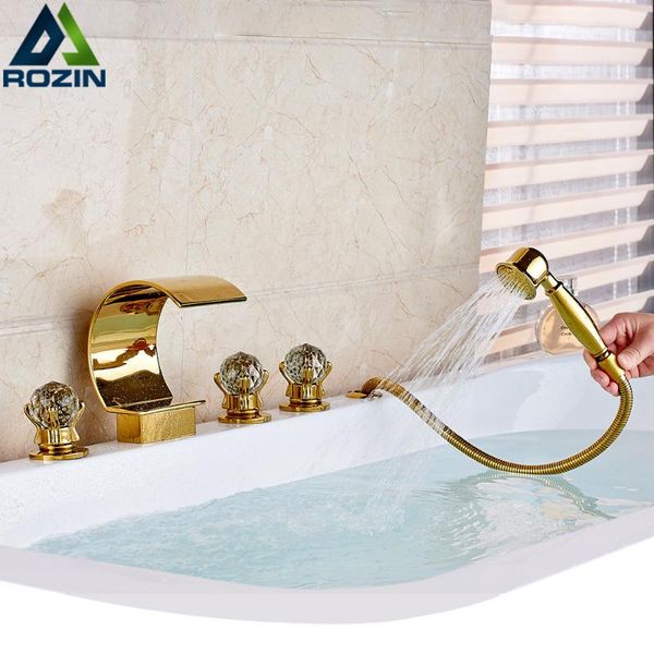 

golden bathtub faucet waterfall widespread tub mixer tap deck mounted pull out handshower bath shower set 3 handles bathroom sets