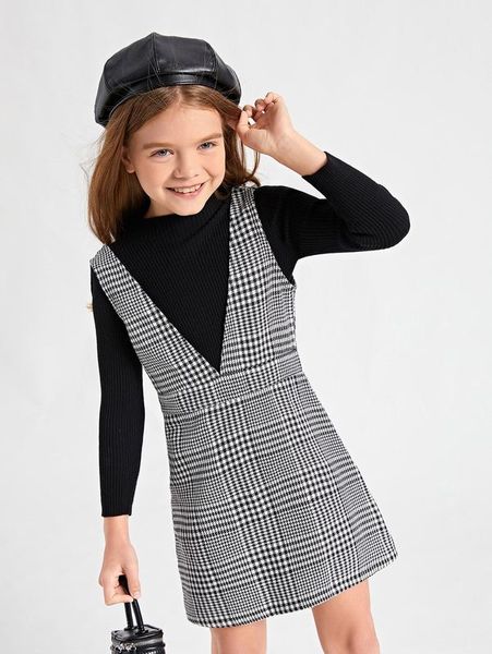 

girls houndstooth print overall dress without tee she, Red;yellow
