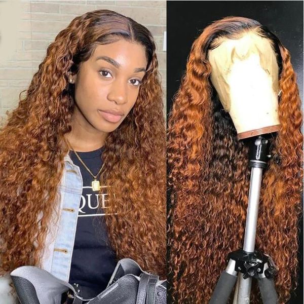

lace wigs curly human hair wig honey blonde ombre front pre pluked brazilian remy frontal for women, Black;brown