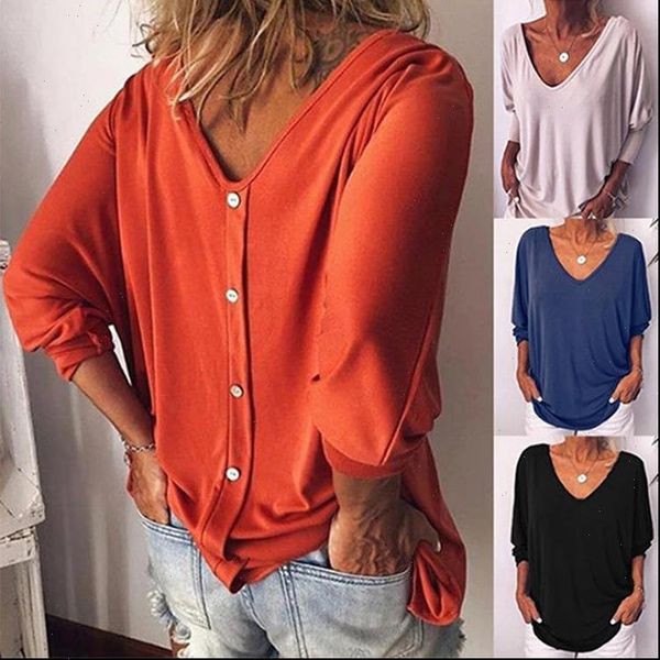 

women t shirt shirts long sleeve womens v neck button spring autumn tee femme korean, White