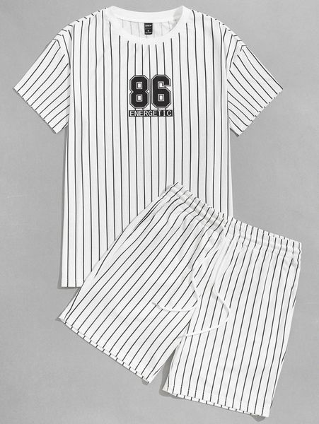 

men striped & letter graphic tee and shorts set t6eb#, Gray