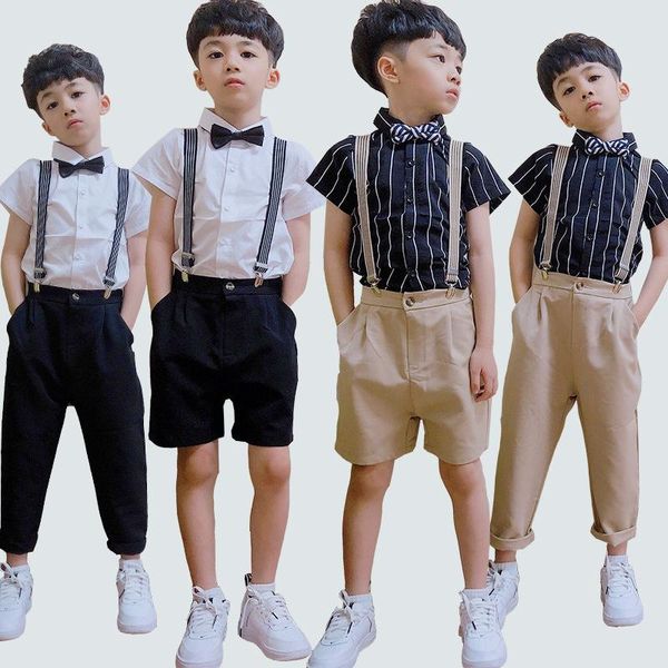 

boys summer shirt +pants +suspender+bowtie 4pcs clothing set gentleman kids school performance dress children graduation suit sets, White