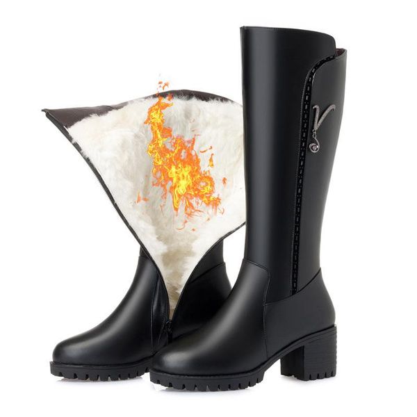 

boots 2021 wool women snow knee high warm genuine leather fur shoes plush ankle platform for winter, Black