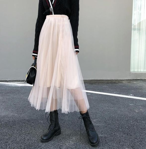 

skirts fdfklak skirt women spring autumn net gauze skirt very fairy a-line pleated loose a-line skirts female perspective skirts ewjt, Black