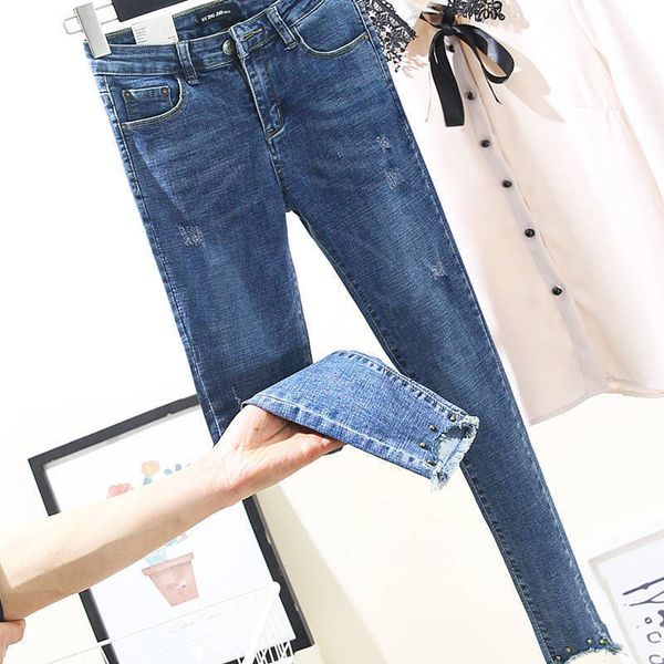

jeans korea fashion street brem thin woman high elastic waist pencil cotton denim vintage hole ankle-length pants d78, Blue