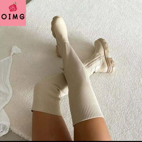 

boots 2021 flats shoes thick sole autumn winter breathable knitting upper women thigh high stretch round toe plus size 43, Black