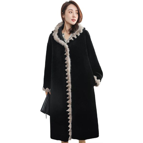 

women's fur & faux coat natural mink trim sheep shearing jacket women 2021 long real wool coats winter jackets hood zzh1830 s, Black