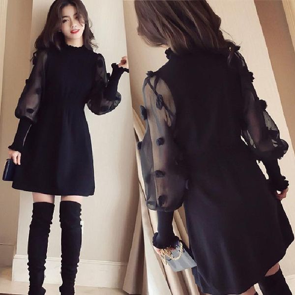 

casual dresses women basic autumn winter black lace mesh dress long sleeve plus size ~4xl, Black;gray