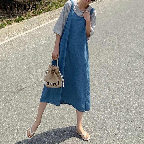 

holiday denim overalls dress 2021 vonda women sleeveless japanese style long dresses casual solid sundress vestidos plus size, Black;gray