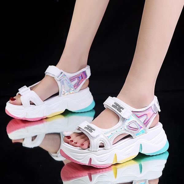 

rimocy summer rainbow laser platform sandals women open toe hollow out wedge beach woman outdoor casual shoes, Black