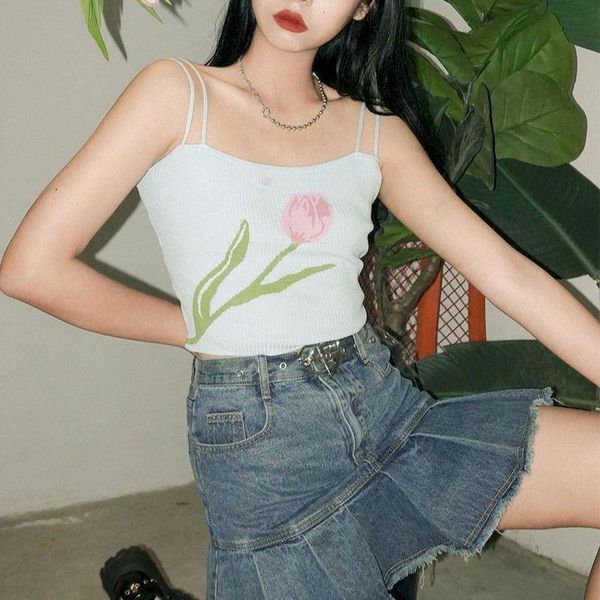 

women's tanks & camis vintage knitted tank female tulip girl camisole sleeveless double shoulder strap tshirt summer women vest crop to, White