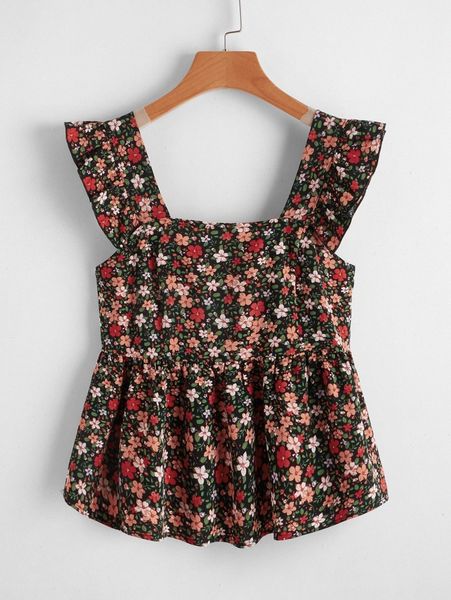 

allover floral print ruffle trim peplum blouse o0nb#, White