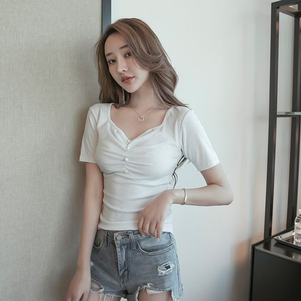 

t-shirt short sleeve t-shirt clothing women 2021 korean v-neck solid color slim undergarment women's summer, White