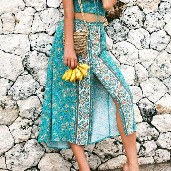 

skirts gypsylady boho vintage chic skirt high waist long cotton button front ladies maxi split women bottoms, Black