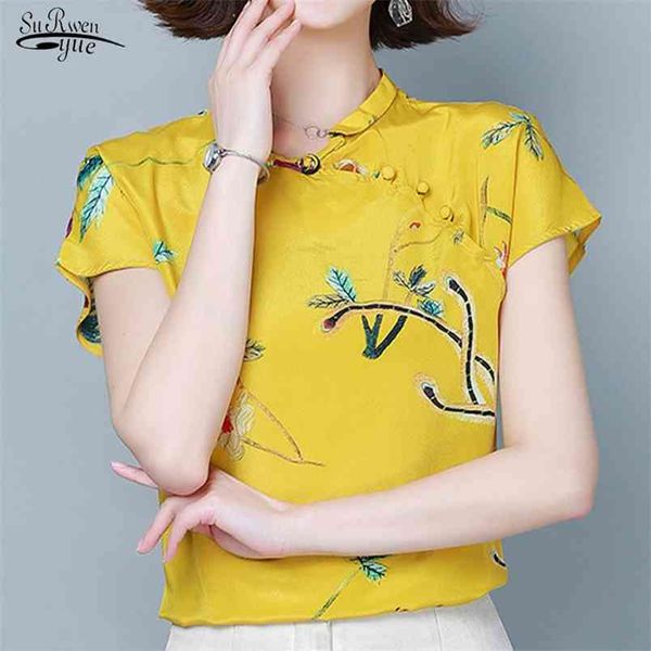 

plus size women blouse silk short sleeve shirts summer button improved vintage cheongsam printed ladies clothing 9927 210421, White