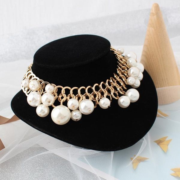 

fashion elegant artificial pearl choker necklace for women statement party dancer chunky jewelry accessory gift chokers, Golden;silver