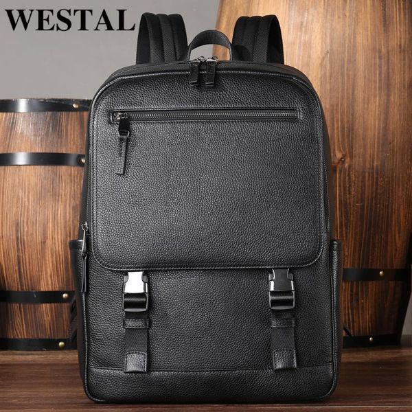 

backpack westal genuine leather lapmen travel daypack bussiness schoolbag multi-function simple portable rucksack