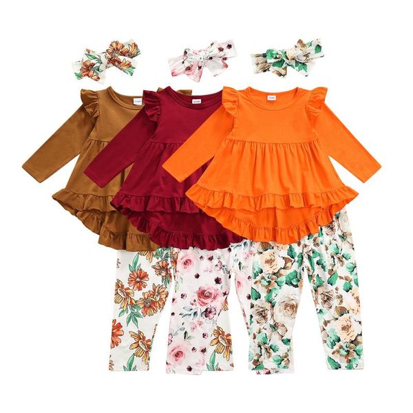 

clothing sets baby suit long-sleeved trousers+bow knot headband floral print ruffled princess comfortable casual, White