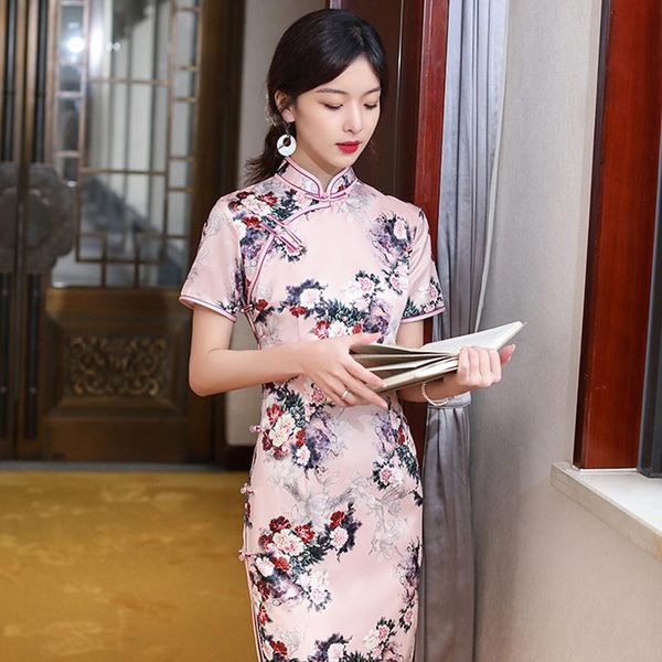 

women short sleeve mandarin collar cheongsam chinese slim bodycon floral print qipao -4xl ethnic clothing, Red