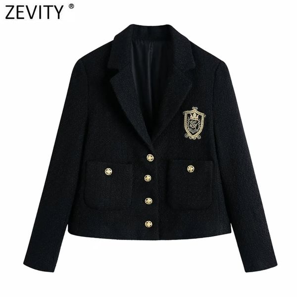 Zevity Women England Style Badge Patch Petto Blazer di lana Cappotto Tasche a maniche lunghe vintage Capispalla femminile Chic Top CT663 211122